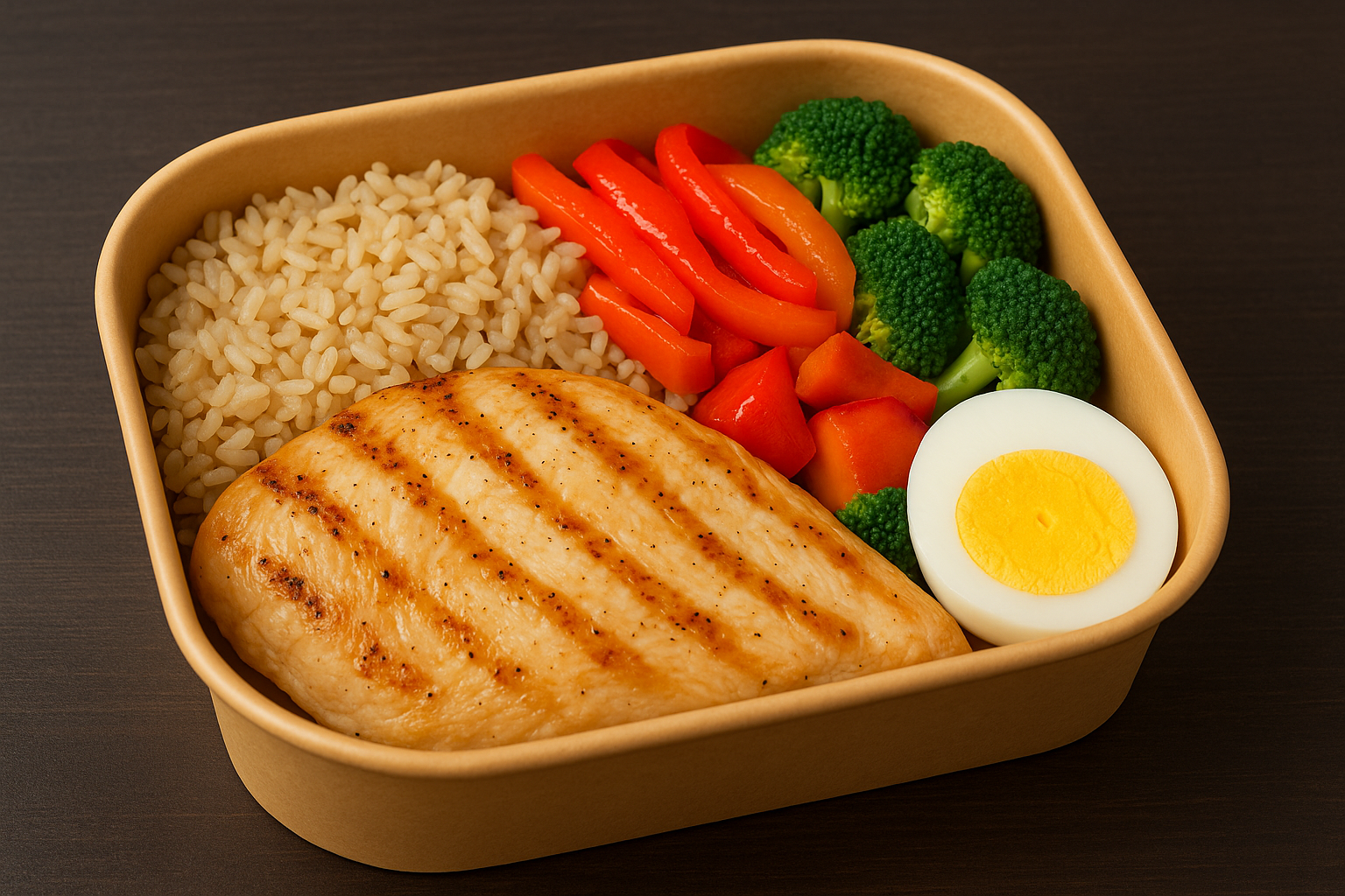 Grilled Chicken Breast, Roasted Bell Peppers, Broccoli, & Boiled Egg
