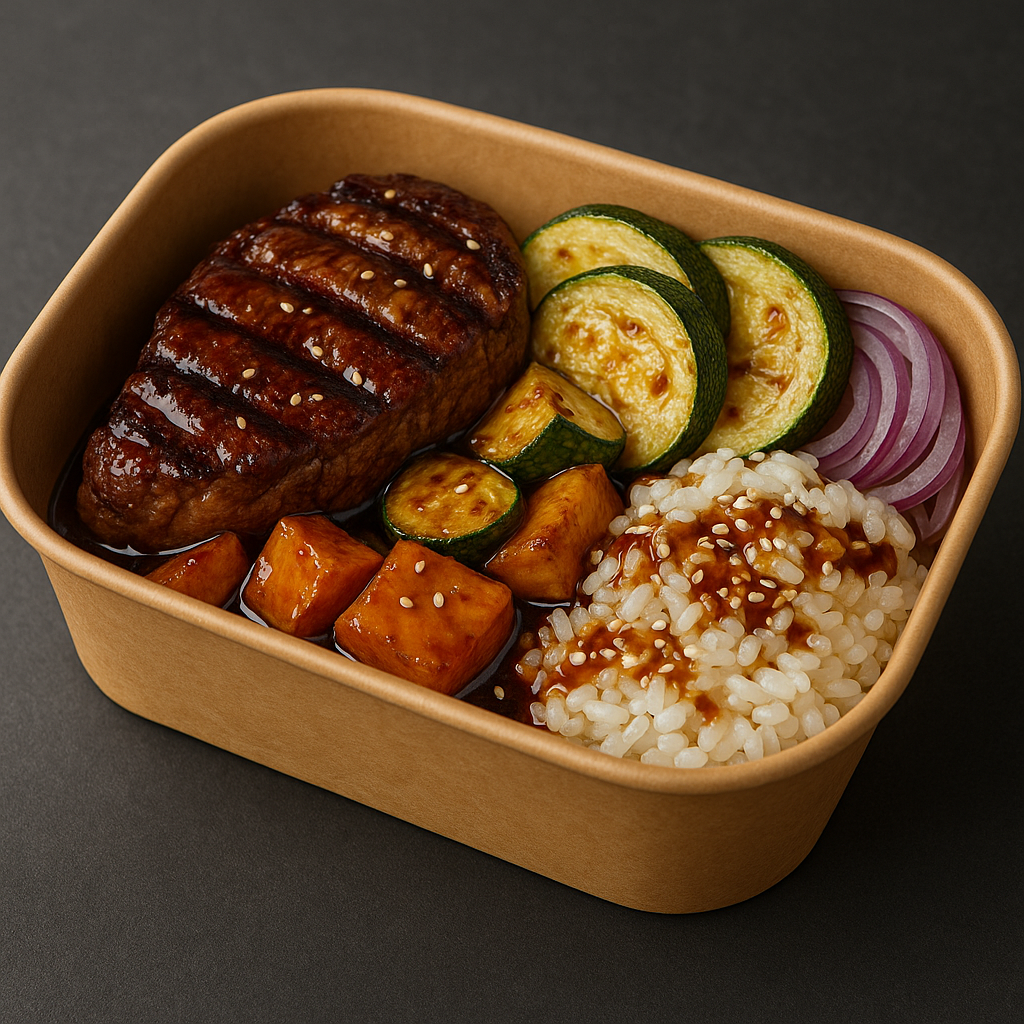Grilled Tenderloin, Roasted Zucchini, Sweet Potatoes & Red Onion